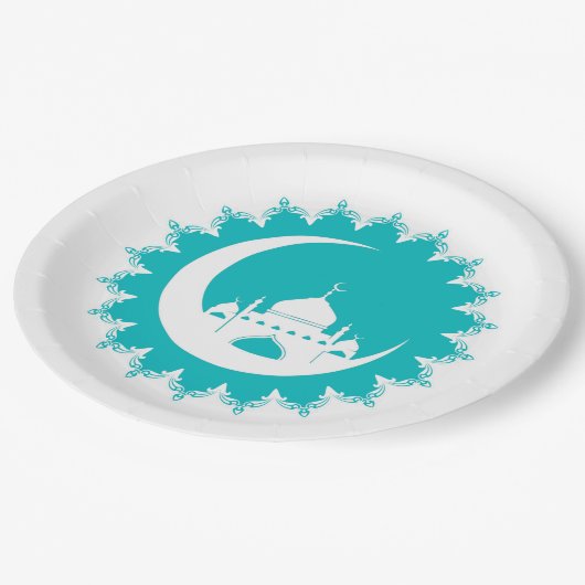 Weiße Moschee im Crescent Moon Ramadan Pappteller (Schrägansicht)