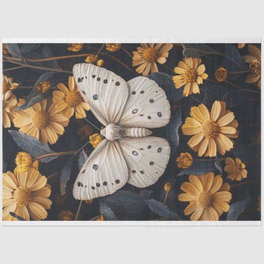 Weiße Motte unter gelben Blumen Seidenpapier (Vorderseite)