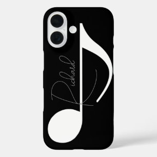 Weiße Musiknote mit Individuelle Name auf Schwarz iPhone 16 Hülle