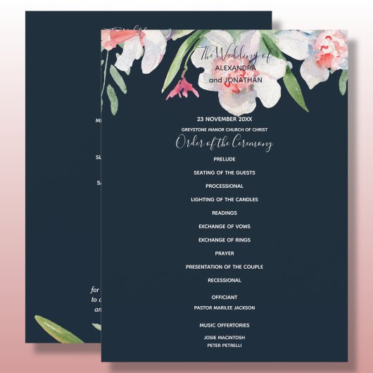 Weiße Narzisse auf Navy-Hochzeitsprogramm Programm