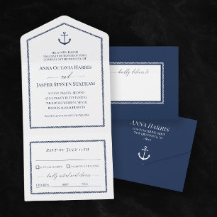 Weiße Navy Blau Anker Nautische Hochzeit  All In One Einladung