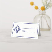 Weiße Navy Blau Diamant Monogramm-Schrift DIY Hint Platzkarte (Vorderseite)