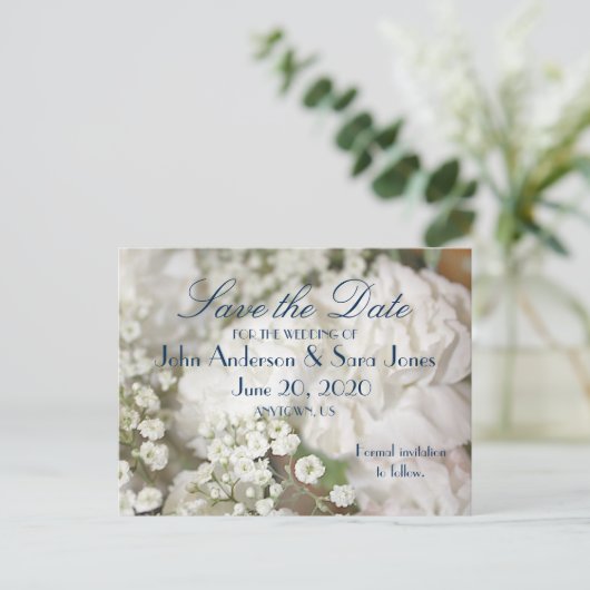 Weiße Nelken und Gipskraut retten Daten Ankündigungspostkarte (Stehend Vorderseite)