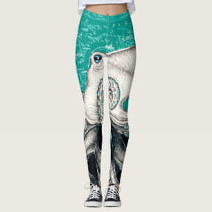 Weiße Octopus-Aquamarine Vintage Karte Leggings