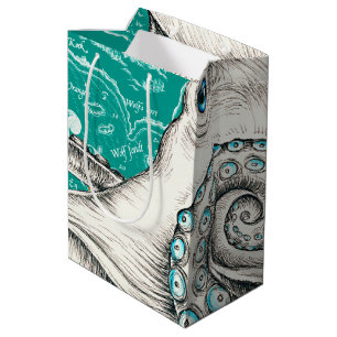 Weiße Octopus Vintage Karte Aquamarin Mittlere Geschenktüte
