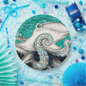 Weiße Octopus Vintage Karte Aquamarin Pappteller (Party)