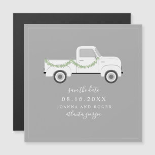 Weiße Oldtimer-Hochzeit Save The Date Magneteinladung