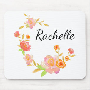 Weiße Orange und rosa Blumenmonogramm mit Ihrem Na Mousepad