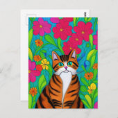 Weiße, orangefarbene Katze mit rosa Blume Postkarte (Vorne/Hinten)