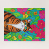 Weiße, orangefarbene Katze mit rosa Blume Puzzle (Horizontal)