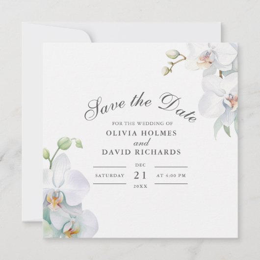 Weiße Orchid-Foto Hochzeit Speichern Sie die Datum Save The Date (Vorderseite)