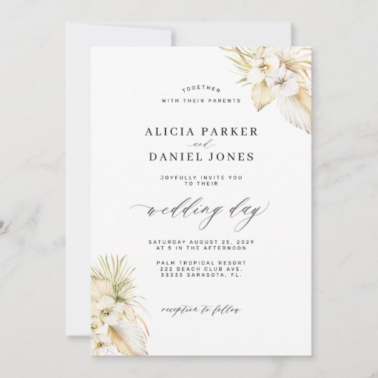 Weiße orchid tropische Pampas Gras elegante Hochze Einladung (Vorderseite)