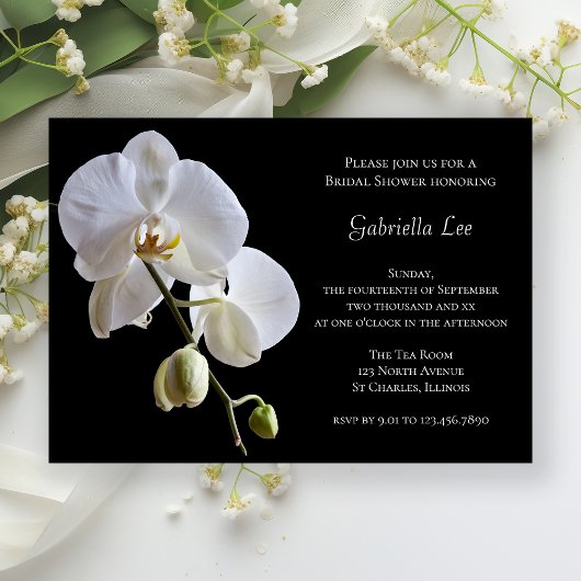 Weiße Orchidee auf schwarzem Brautparty Einladung