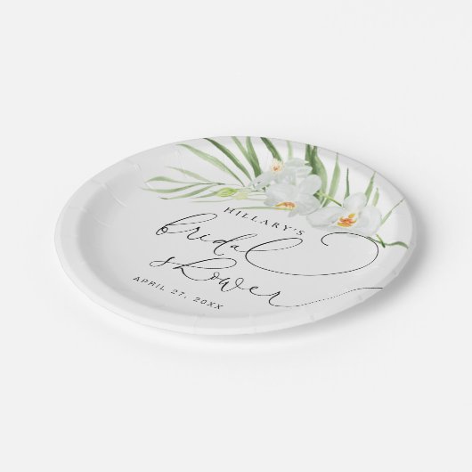 Weiße Orchidee | Elegantes tropisches Brautparty Pappteller (Schrägansicht)