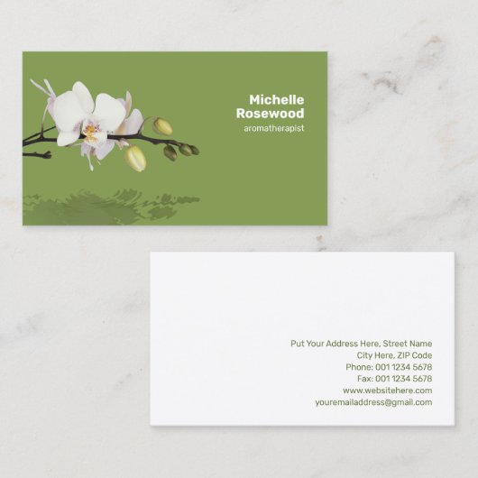 Weiße Orchidee mit Reflektion über Wasser grün Visitenkarte (Vorne/Hinten)