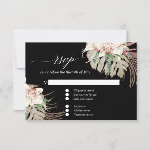 Weiße Orchidee Tropisches Blatt Erröten Schwarze B RSVP Karte