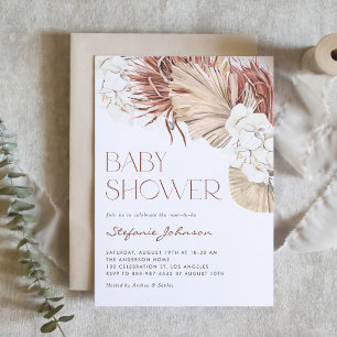 Weiße Orchidee und getrocknete Palme Boho-Baby-Par Einladung