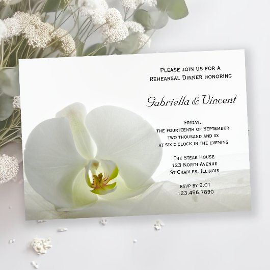 Weiße Orchidee und Schleier Hochzeit Probe Dinner Einladung