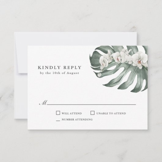 Weiße Orchideen auf dem Monstera Tropical Wedding  RSVP Karte (Vorderseite)