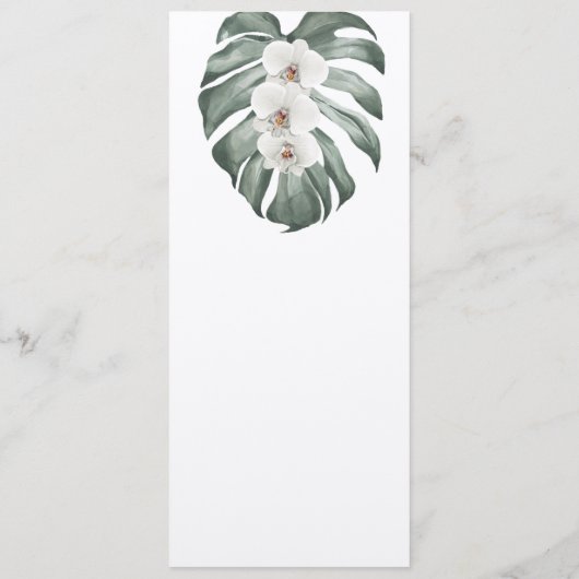 Weiße Orchideen auf der Monstera Tropical Wedding Einladung (Rückseite)