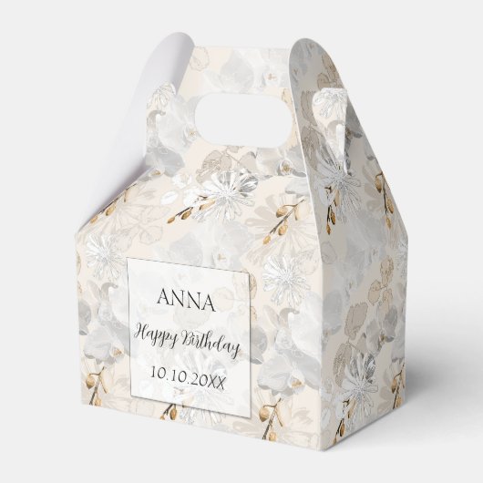 Weiße Orchideen auf einer hellen Creme Geschenkschachtel (Vorderseite)