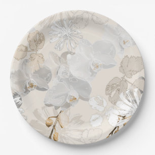 Weiße Orchideen auf einer hellen Creme Pappteller