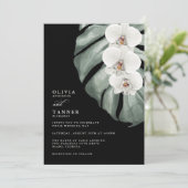 Weiße Orchideen auf Monstera Schwarze Tropenhochze Einladung (Stehend Vorderseite)
