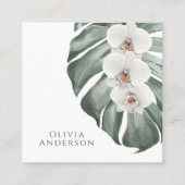 Weiße Orchideen auf Monstera Tropical Botanical Quadratische Visitenkarte (Vorderseite)