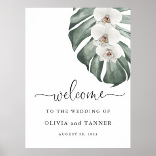 Weiße Orchideen auf Monstera Tropical Wedding Will Poster