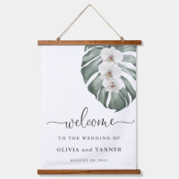 Weiße Orchideen auf Monstera Tropical Wedding Will
