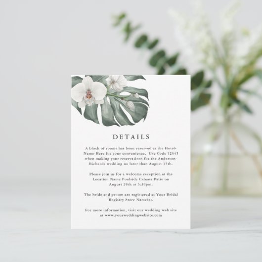 Weiße Orchideen auf Monstera Tropische Hochzeit De Begleitkarte (Stehend Vorderseite)