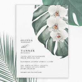 Weiße Orchideen auf Monstera Tropische Hochzeit Einladung