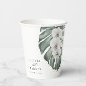 Weiße Orchideen auf Monstera Tropische Hochzeit Pappbecher (Rückseite)