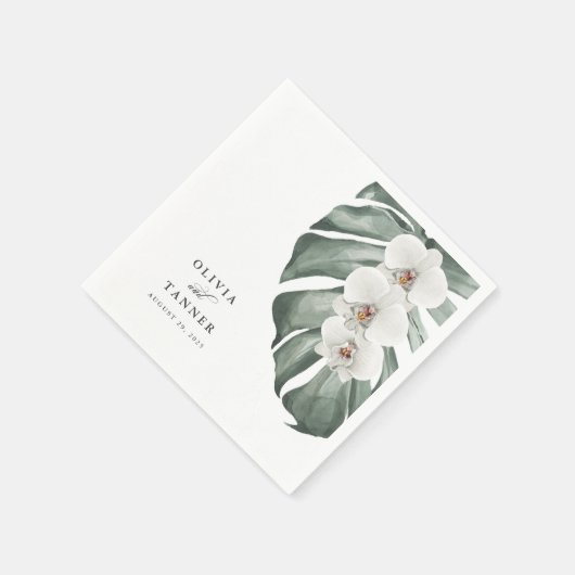 Weiße Orchideen auf Monstera Tropische Hochzeit Serviette (Ecke)