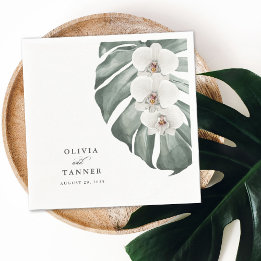 Weiße Orchideen auf Monstera Tropische Hochzeit Serviette