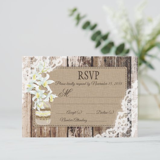 Weiße Orchideen-Blume Holzspitze RSVP-Karte RSVP Karte (Stehend Vorderseite)