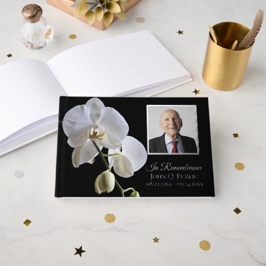 Weiße Orchideen-Blume zur Schwarzen Beerdigung Gästebuch (Vorderseite Offen)