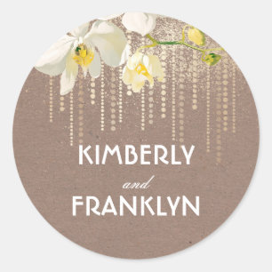 Weiße Orchideen Gold Glitter Vintage Hochzeit Runder Aufkleber