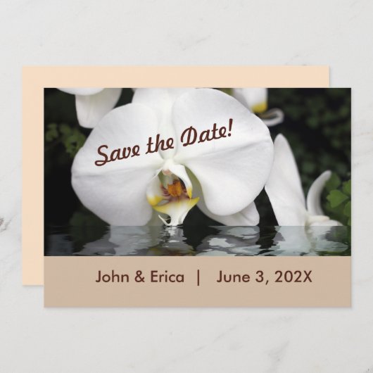 Weiße Orchideen in Wasser flach Save the Date Kart (Vorne/Hinten)