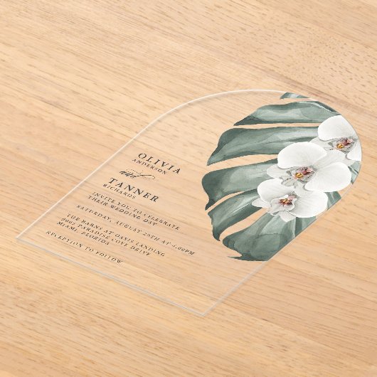 Weiße Orchideen Moderne tropische Hochzeit Acryleinladungen (Ablage )