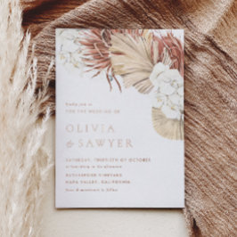 Weiße Orchideen und getrocknete Palmen Blätter Boh Folieneinladung