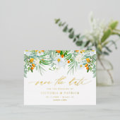Weiße Orchideen und Kumquats Save the Date Folie Einladungspostkarte (Stehend vorne)