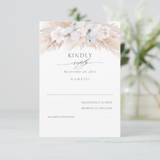 Weiße Orchideen und Rose getrocknete Pampas Hochze RSVP Karte (Stehend Vorderseite)
