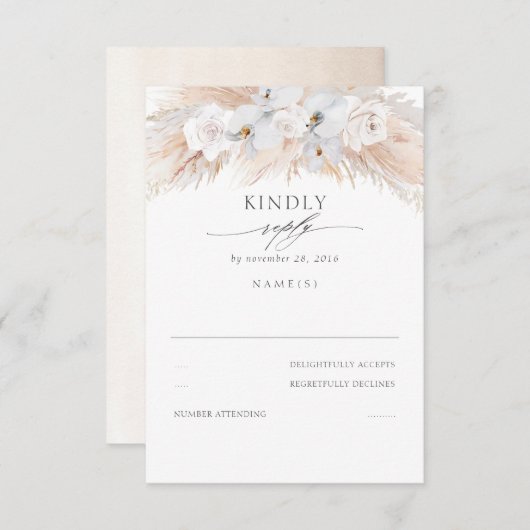 Weiße Orchideen und Rose getrocknete Pampas Hochze RSVP Karte (Vorne/Hinten)