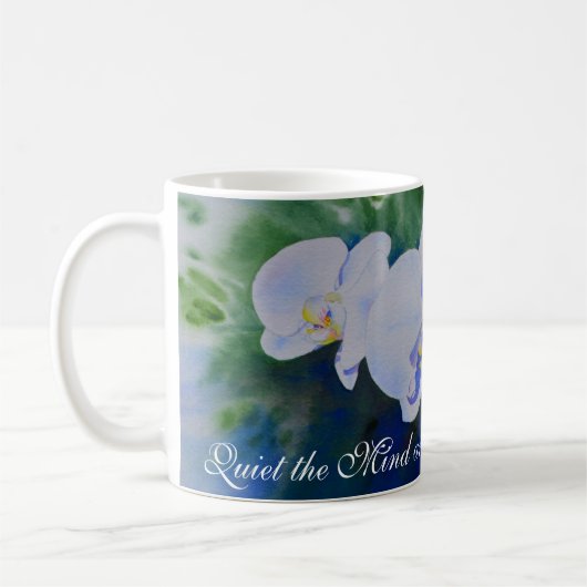 Weiße Orchideenmalerei, Grünpflanzen Kaffeetasse (Links)