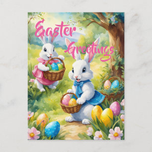 Weiße Osterhasen mit bunten Eiern Postkarte