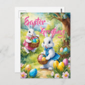 Weiße Osterkaninchen mit bunten Eiern Postkarte (Vorne/Hinten)