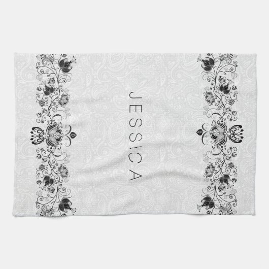 Weiße Paisley Damasks & Schwarze Wirbel Spitze Geschirrtuch (Horizontal)