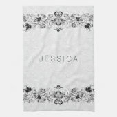 Weiße Paisley Damasks & Schwarze Wirbel Spitze Geschirrtuch (Vertikal)