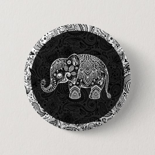 Weiße Paisley Elephant Black Damasks Hintergrund Button (Vorderseite)